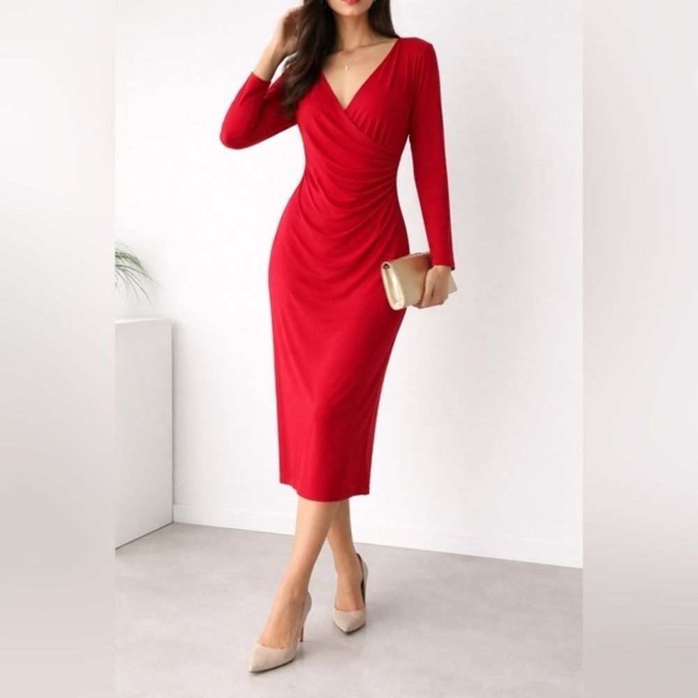 Soft Surroundings Red Wrap Career Minimalistic Long Sleeve Midi Dress PM